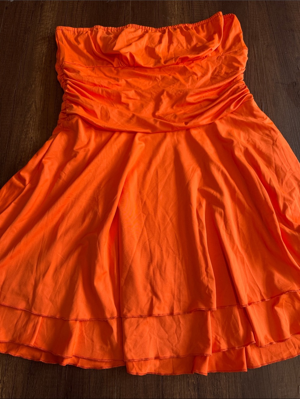 Strapless Orange Ruched Bodice Dress